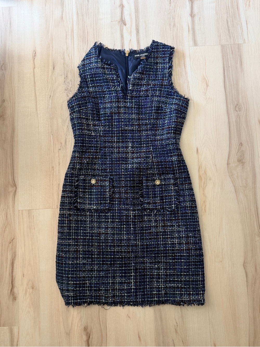 Karl Lagerfeld Navy Bouclé Tweed Sheath Dress